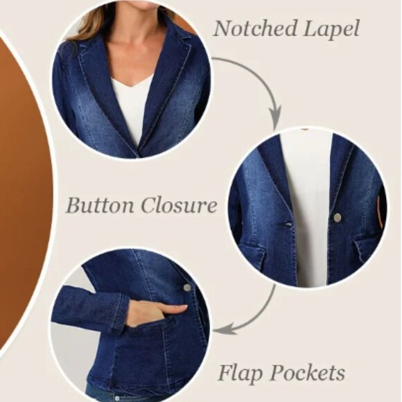 Women's Notched Lapel One Button Long Sleeve Washed Denim Blazer - Picture 6 of 6